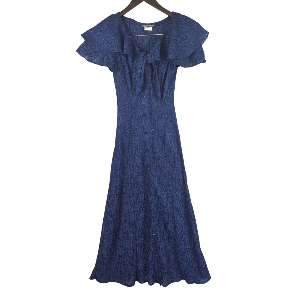 Vtg All that Jazz Lace Maxi Dress Size 3/4 XS 90s Cobalt Sheer Tie Sailor Collar